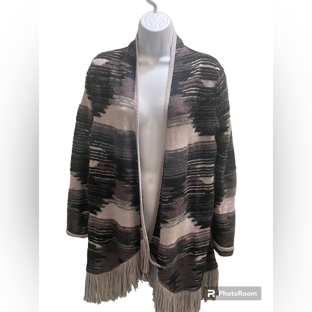 Lucky Brand Sweater‎ Open Cardigan Duster Southwester Aztec Print Fringe